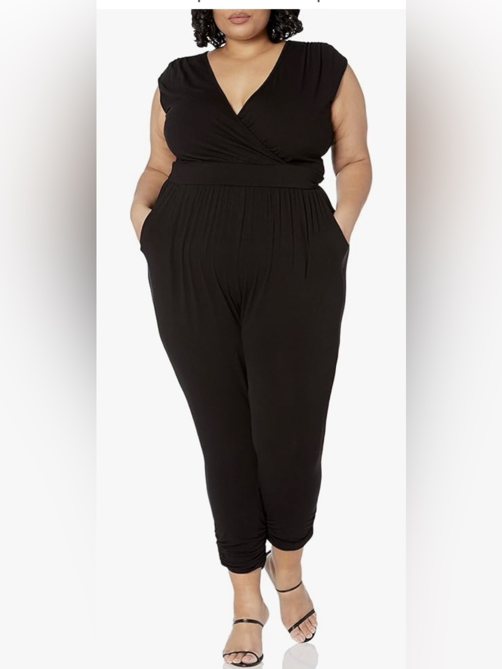 Plus Size Black Cap-Sleeve Jumpsuit with V-Neck